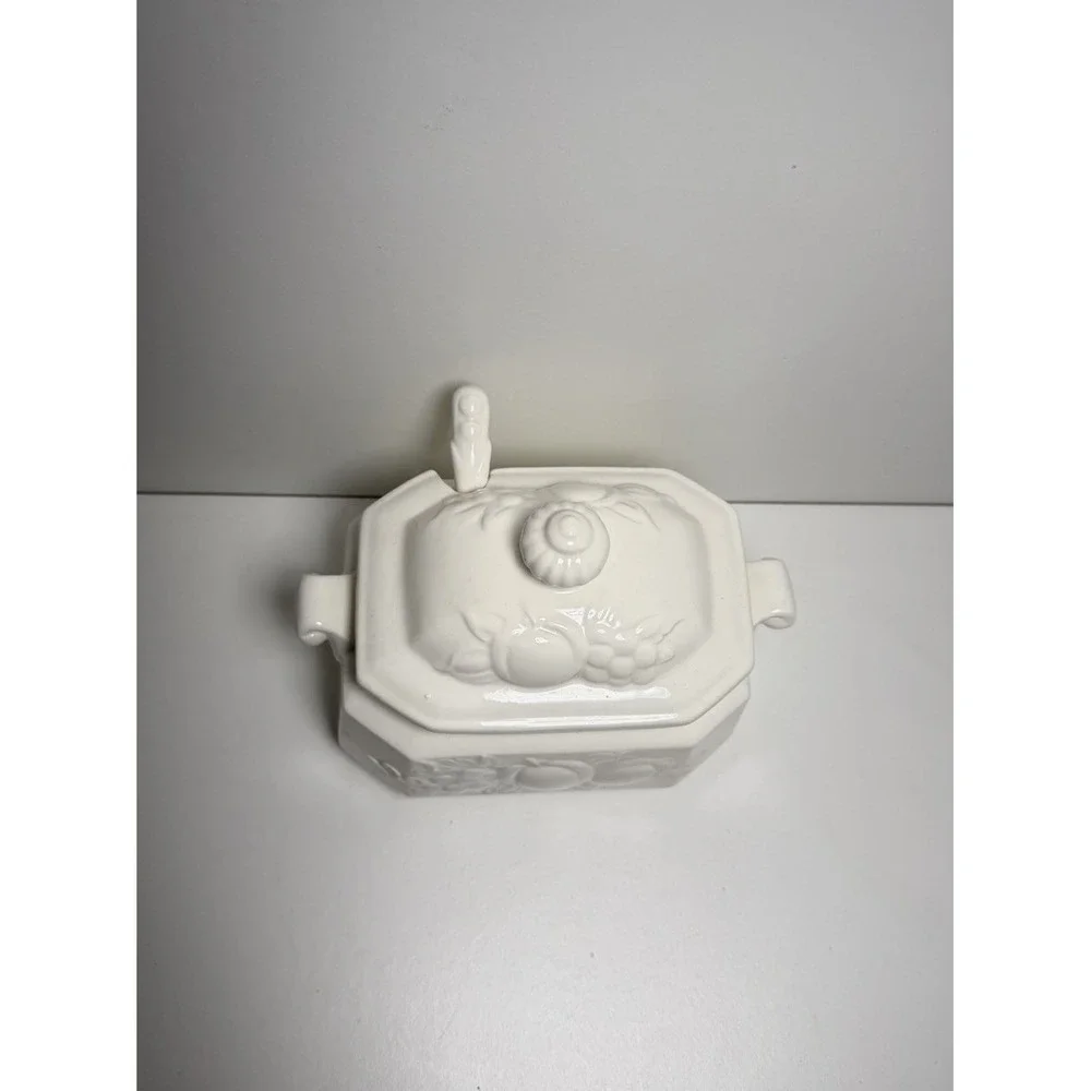 Vintage Glazed Ceramic‎ Tureen Made in Japan • White Fruit Design • Lid & Spoon